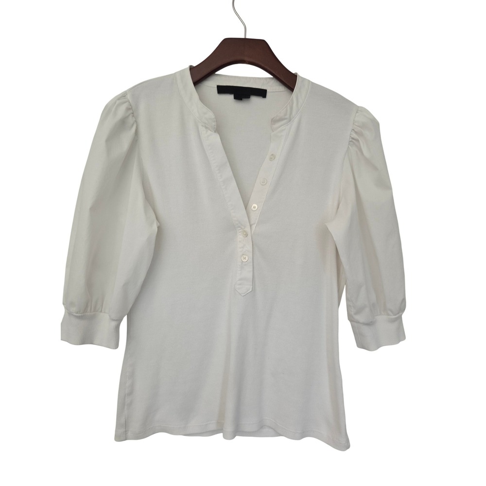Veronica Beard Coralee Henley Puff Sleeve Ribbed Top Womens Small White